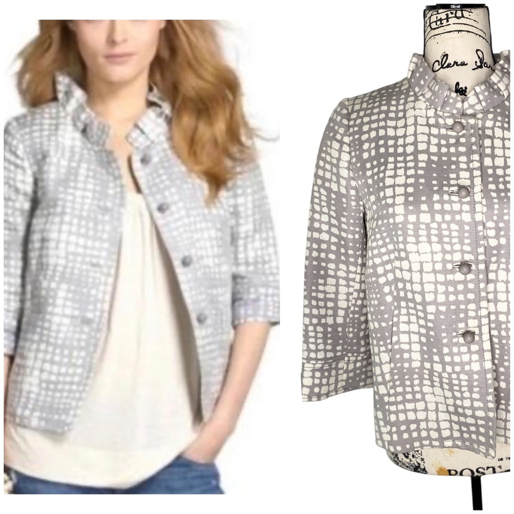 Vtg Aughts J Crew Gray Geometric Cotton Linen Cropped Career Jacket SZ 4